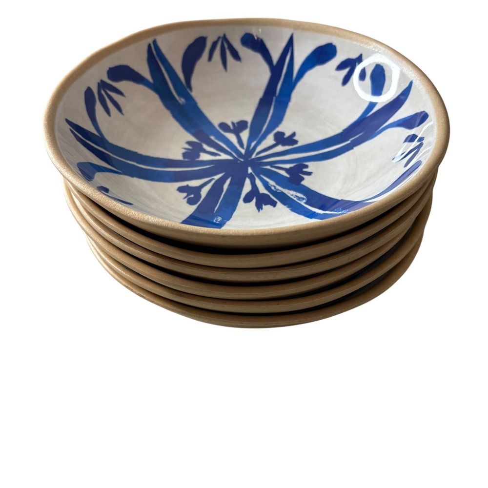 Threshold Set of 6 Blue Floral Plant Based Cereal Bowls Tan Cream Eco Friendly